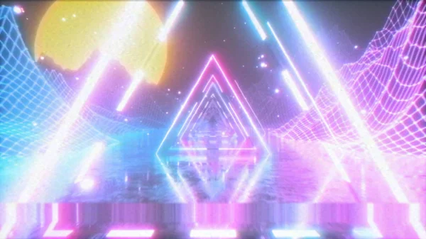 Fliegen in einem retro futuristischen Raum mit leuchtendem Neon-Dreieck im Stil der 80er Jahre. 3D-Illustration. die Wirkung der alten Filmkassette mit Rauschen, Interferenzen und Verzerrungen. — Stockfoto