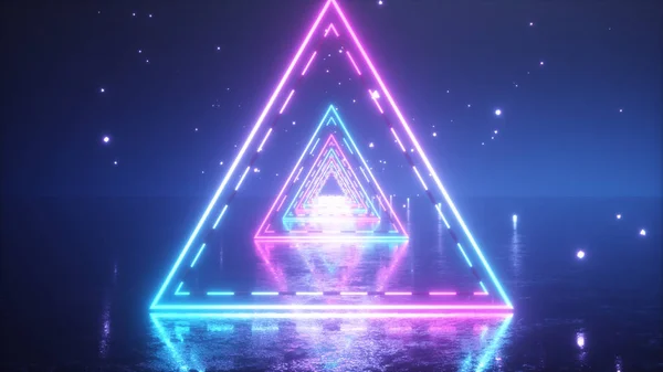 Voler à travers des triangles fluo lumineux avec plancher métallique créant un tunnel avec brouillard, spectre violet rose bleu, lumière ultraviolette fluorescente, éclairage moderne vj coloré, illustration 3D — Photo