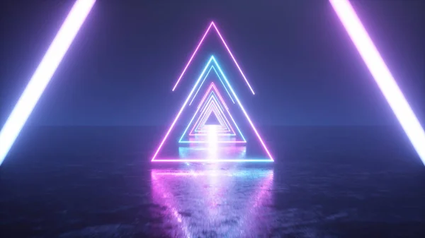 Flying through glowing neon triangles with metal floor creating a tunnel with fog, blue pink violet spectrum, fluorescent ultraviolet light, modern vj colorful lighting, 3d illustration