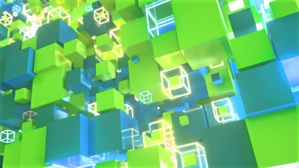 Abstract motion of colorful cubes with neon glowing cubes. 3d illustration