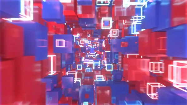 Volare nello spazio di movimento astratto di colorati cubi rossi e blu con cubi luminosi al neon. Illustrazione 3d — Foto Stock