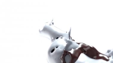 Yavaş çekimde süt ve çikolata sıçrama Tornado. Beyaz arka plan üzerinde izole beyaz ve kahverengi sıvı krem damla sıçrama dönen bir girdap 3d render. Siyah beyaz