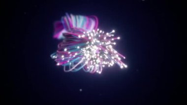 Uzayda fiber teller yayılıyor. Kablolar için kamera hareketi. Dijital dünyada bilgi dağıtımı ve iletimi kavramı. 3d render. Modern mavi mor renk spektrumu