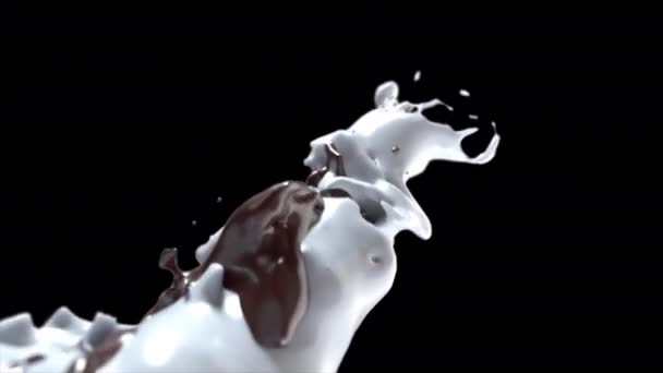 Tornado mleka i czekolady Splash w zwolnionym tempie. 3D Render wirujący wir białych i brązowych płynnych śmietany kropla odpryskuje się na czarnym tle z maską alfa. — Wideo stockowe