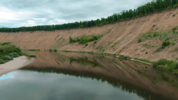 Прекрасний вид на повітря 4k над вигнутою річкою вздовж полів і лісу — стокове відео