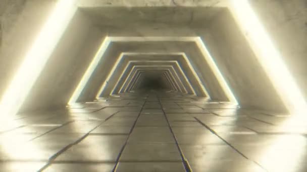 Flying in futuristic tunnel with fluorescent ultraviolet lights. Sci-fi interior corridor. Modern light spectrum. 3D render seamless loop animation 4k UHD — Stock Video