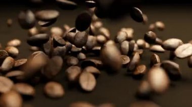 Yavaş çekimde düşen kahve çekirdekleri 3d render. Kahve taneleri masaya dökülür ve birlikte çırpılır