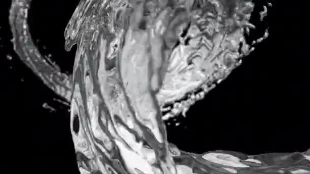 Agua salpicadura círculo líquido bucle sobre fondo negro con reflejos y Spinning flujo, superficie líquida de agua de la naturaleza cristalina. Alfa mate, cámara lenta, rápido, bucle sin costura, renderizado 3d . — Vídeo de stock