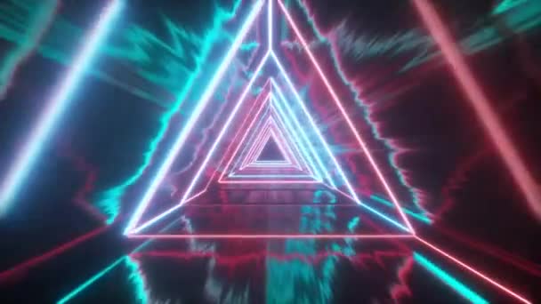 Fliegen durch leuchtende Neon-Dreiecke und schaffen einen Tunnel mit Grunge-Reflexion, blaurotem Spektrum, fluoreszierendem ultraviolettem Licht, moderner, farbenfroher Beleuchtung, 4k-Loop-Animation — Stockvideo