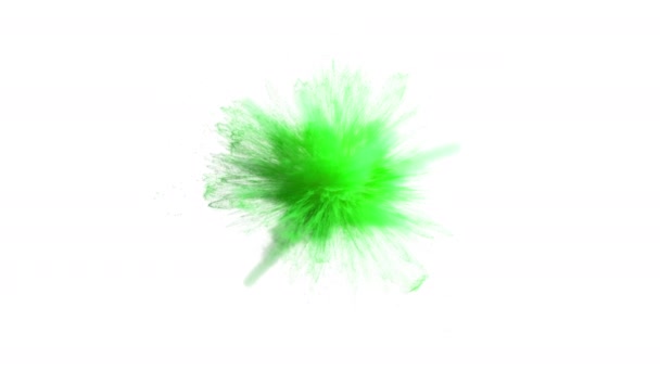 白い孤立した背景に緑色の粉末爆発。3D レンダリングスーパースローモーション — ストック動画