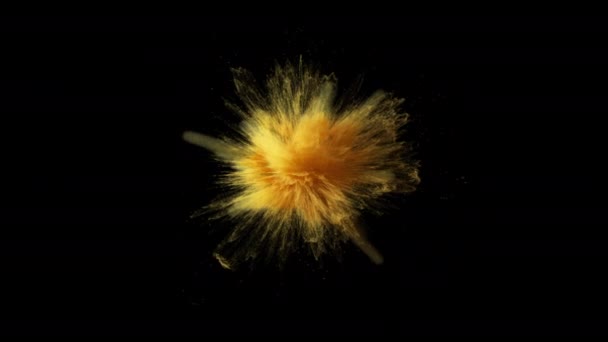 黄金黄色粉末爆炸的超慢运动在黑色背景上隔离。超慢动作 3d 渲染 — 图库视频影像