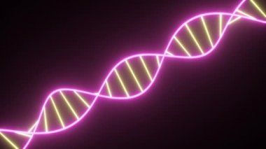 Dönen Neon DNA zinciri. Floresan ultraviyole ışıkları. Sci-Fi tarzı. Modern Neon sarı mor ışık spektrum. 3D render kesintisiz döngü animasyon 4k UHD