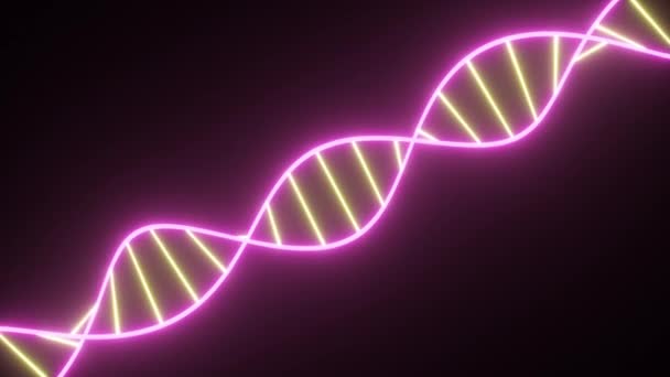 Cadena giratoria de ADN de neón. Luces ultravioletas fluorescentes. Estilo ciencia ficción. Espectro de luz púrpura amarillo neón moderno. Animación de bucle inconsútil 3D 4k UHD — Vídeo de stock