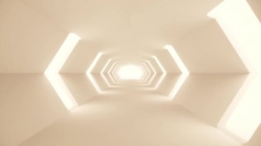 Futuristik beyaz Sci-Fi tünel iç uçan. Bilim kurgu koridoru. Soyut modern teknoloji arka plan. Dikişsiz döngü 4k 3D render animasyon