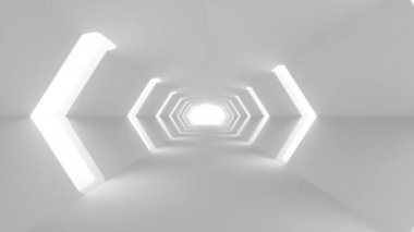Futuristik beyaz Sci-Fi tünel iç uçan. Bilim kurgu koridoru. Soyut modern teknoloji arka plan. Dikişsiz döngü 4k 3D render animasyon