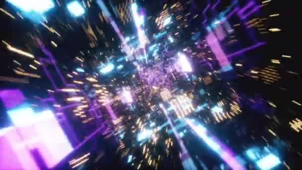 Vliegen in de chaotische technologische futuristische ruimte tunnel. Animatie voor muziek Video's, nachtclubs, audiovisuele shows en prestaties, LED-schermen en projectie kaarten. Naadloze lus 3D renderen — Stockvideo