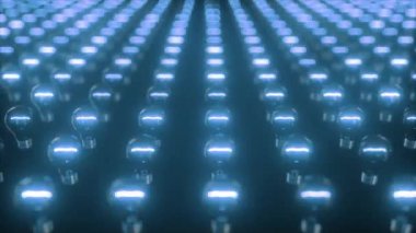 Yanıp sönen akkor mavi ampullerin sonsuz yüzeyi. Yanıp sönen ışıklar. Dikişsiz döngü 3d render