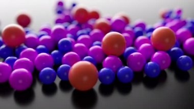 Soyut renkli küreler ve topları haddeleme ve düşen büyüyen bir yığın. 4k 3d render