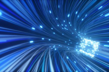 Teknoloji tünel oluşturma fiber optik ağ için çizgilerin hareketli Soyut 3d illüstrasyon arka plan. Sihirli titreşen neon nokta veya parlayan uçan çizgiler.