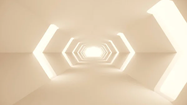 飞行在一个未来主义的白色科幻隧道内部。科幻走廊抽象现代技术背景。3d 插图 — 图库照片