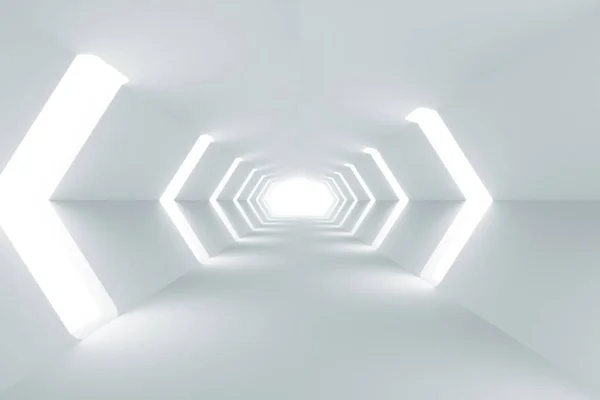 Repül a futurisztikus fehér sci-fi alagút belső. Sci-Fi folyosón. Absztrakt modern technológiai háttér. 3D-illusztráció — Stock Fotó