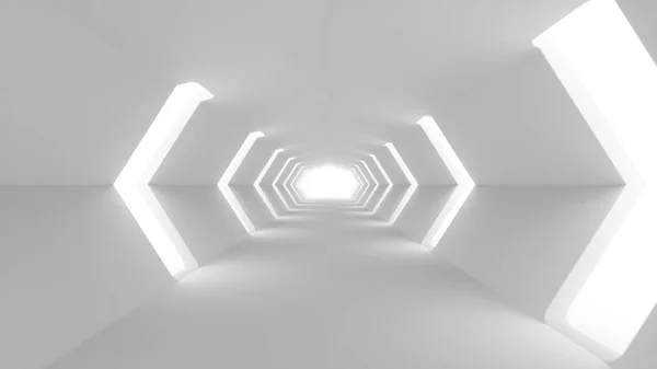 Terbang di futuristik putih sci-fi terowongan interior. Ilmu fiksi koridor. Latar belakang teknologi modern abstrak. Ilustrasi 3d — Stok Foto