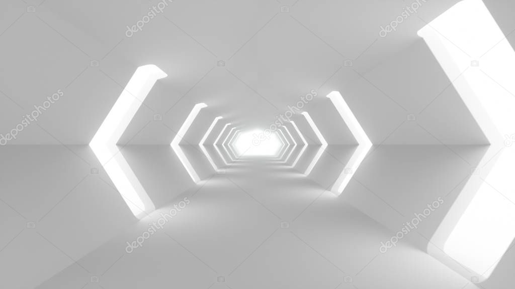 Flying in a futuristic white sci-fi tunnel interior. Science fiction corridor. Abstract modern technology background. 3d illustration