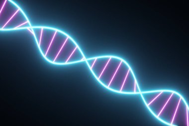 Dönen neon DNA zinciri. Floresan ultraviyole ışıklar. Bilim kurgu tarzı. Modern neon mavi mor ışık spektrumu. 3d illüstrasyon