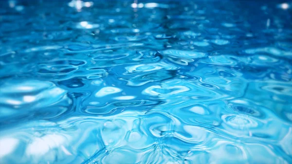 Καθαρό γαλάζιο νερό στην πισίνα με ελαφριά αντανακλάσεις. Σταγόνες νερού πέφτουν στην επιφάνεια. εικονογράφηση 3D — Φωτογραφία Αρχείου
