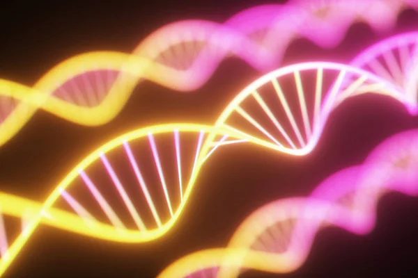 Chaîne d'ADN néon rotative. Lumière ultraviolette fluorescente. Style science-fiction. Spectre lumineux moderne bleu néon violet. Illustration 3d — Photo