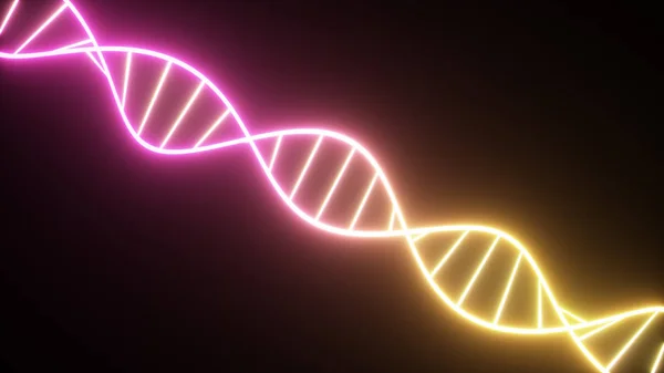 Rotační neonový řetěz DNA. Fluorescenční ultrafialové indikátory. Sci-Fi styl. Moderní neonově modré fialové spektrum. 3D ilustrace — Stock fotografie