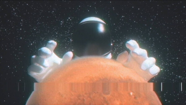 An astronaut stretches his hands behind the planet Mars in outer space against the background of the stars. 3d illustration in the style of an old broken TV with the effects of noise, glitch