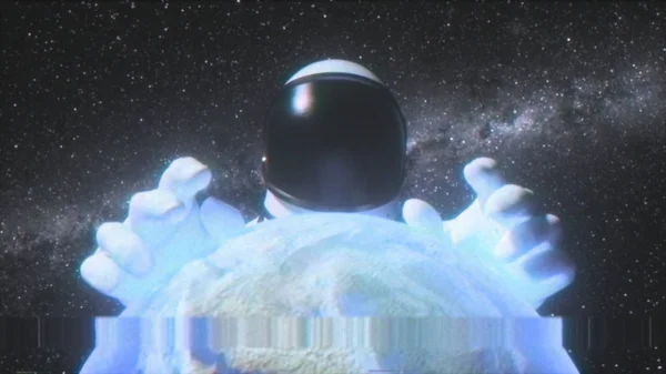 Un astronauta extiende sus manos detrás del planeta Tierra en el espacio exterior contra el fondo de la Vía Láctea. 3d ilustración en el estilo de un viejo televisor roto con los efectos del ruido, fallo —  Fotos de Stock