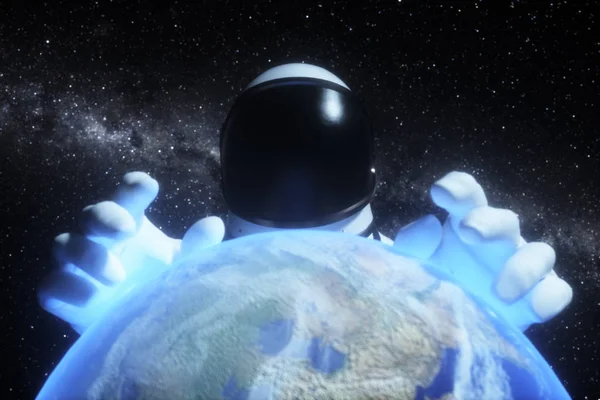 Ένας αστροναύτης τεντώνει τα χέρια του πίσω από τον πλανήτη Γη στο διάστημα με φόντο τον γαλαξία. Η ιδέα της Εξερεύνησης του διαστήματος και των πλανητών. εικονογράφηση 3D — Φωτογραφία Αρχείου