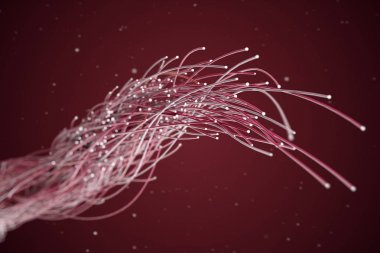Uzayda çok renkli fiber teller in yayılması. Kablolar için kamera hareketi. Dijital dünyada bilgi dağıtımı ve iletimi kavramı 3d illüstrasyon