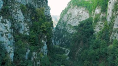 Dağların havadan 4k görünümü. Gün batımında ağaçlar ve bitki örtüsü ile büyümüş güçlü kayalıklar arasında dağların geçitçarpıcı bir geçit