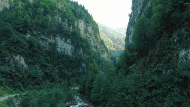 Vista aérea 4K de las montañas. Un impresionante paso en el barranco de las montañas entre los poderosos acantilados cubiertos de árboles y vegetación al atardecer — Vídeo de stock