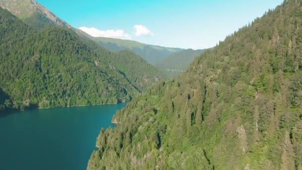 Mountain lake with turquoise water and green tree. Beautiful summer landscape with mountains, forest and lake. Aerial 4k View. Drone shot over a beautiful mountain forest lake — Stock Video