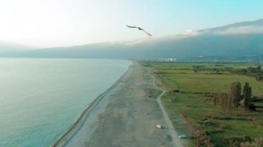 Güzel bir tropikal plaj ve deniz dalgaları hava 4k üst görünümü. Gün batımında kumlu plaj üzerinde uçan.
