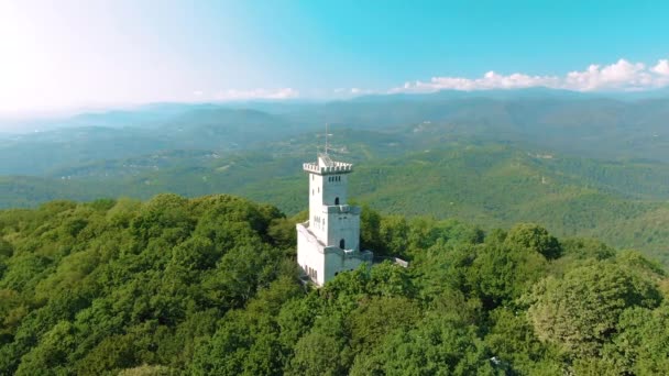 Vista aérea 4k. Hermoso castillo en la montaña en un día soleado de verano, vista de las montañas y el mar — Vídeo de stock