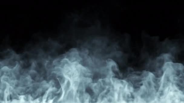 Vit ånga snurrar och stiger underifrån. Vit linje rök stiger från en stor kruka, som ligger bakom ramen. Isolerad sömlös loop svart bakgrund. — Stockvideo