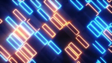 Parlak soyut hareket eden dikdörtgenler ve neon elementler. Parlak ışık. Modern turuncu mavi renk tayfı. Kusursuz 3D döngü oluşturucu