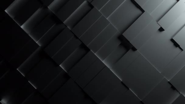 Μαύρη αφηρημένη κινούμενη δομή ορθογωνίων με κινούμενη φωτεινή πηγή. Σκούρο καθαρό μινιμαλιστικό ορθογώνιο πλέγμα, τυχαία κίνηση φόντου. Απρόσκοπτη θηλιά 3d — Αρχείο Βίντεο