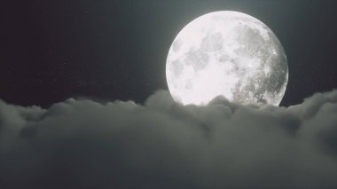 Gece ay ışığında kümülüs bulutları üzerinde güzel, gerçekçi bir uçuş. Büyük bir dolunay, yıldızlı bir gecede parlak bir şekilde parlar. Sinema sahnesi. 3d illüstrasyon