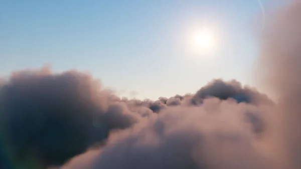 美しい太陽光線で移動する雲の中を飛行します。日没の積乱雲の上の美しい現実的な飛行。3Dイラスト — ストック写真
