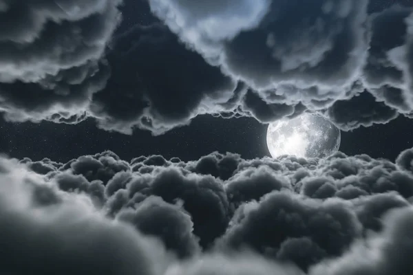 夜の月明かりの中で積乱雲の上の美しい現実的な飛行。深い星空の夜には大きな満月が輝きます。映画のシーン。3Dイラスト — ストック写真