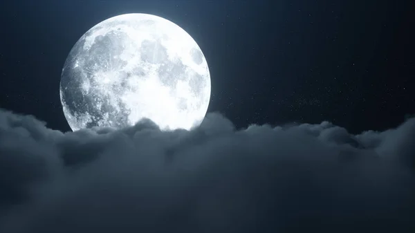 Gece ay ışığında kümülüs bulutları üzerinde güzel, gerçekçi bir uçuş. Büyük bir dolunay, yıldızlı bir gecede parlak bir şekilde parlar. Sinema sahnesi. 3d illüstrasyon — Stok fotoğraf