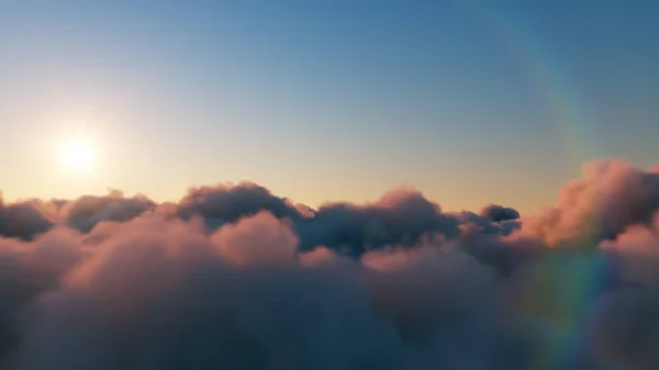 Piękny realistyczny lot nad cumulus bujnych chmur o zachodzie słońca. Ilustracja 3D — Zdjęcie stockowe