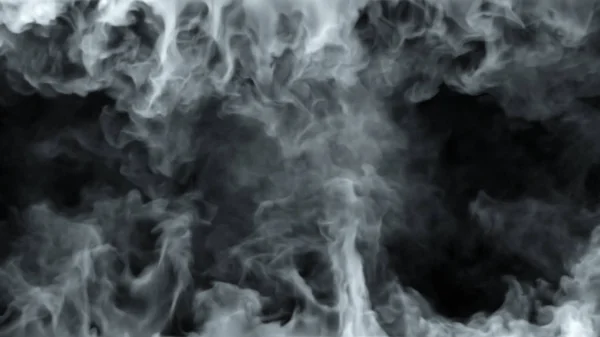 白い蒸気が上下から回転して上昇します。白い線の煙が立ち上がり、フレームの後ろに位置している大きな鍋から落ちます。隔離された3Dイラスト黒の背景. — ストック写真
