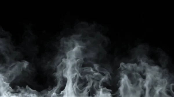 Weißer Dampf dreht sich und steigt von unten auf. Aus einem großen Topf, der sich hinter dem Rahmen befindet, steigt weißer Rauch auf. isolierte 3D-Abbildung schwarzer Hintergrund. — Stockfoto